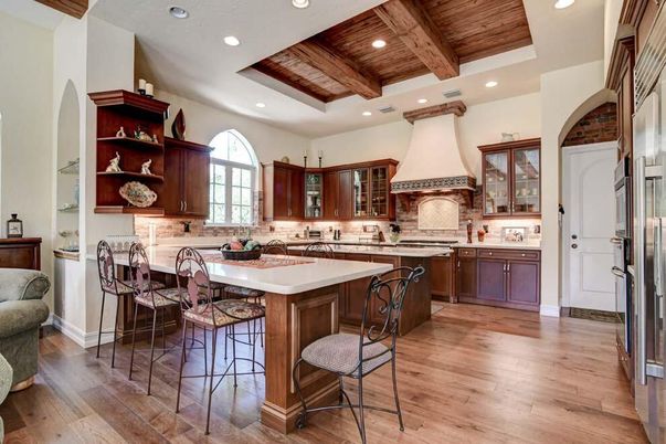 Fireplace, Interior, Kitchen, Recessed Lighting, Stone Walls, Wooden Beams, Wooden Ceilings, Wood Texture Flooring