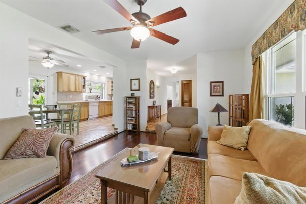 Dining room, Interior, Kitchen, Living room, Recessed Lighting, Wood Texture Flooring