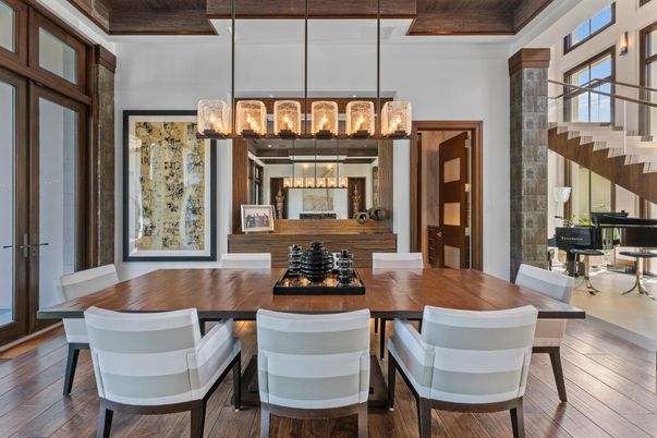 Dining room, Interior, Pendant Lights, Piano, Wood Texture Flooring