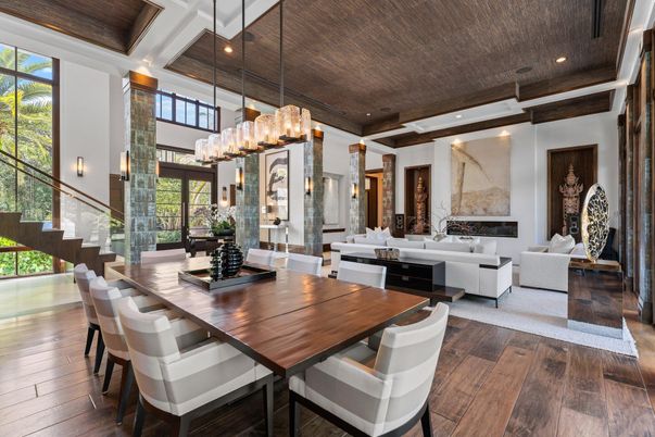 Chandelier, Dining room, Fireplace, Interior, Living room, Pendant Lights, Recessed Lighting, Wood Texture Flooring