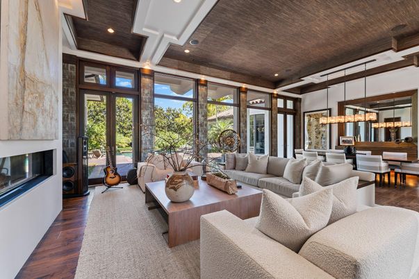 Dining room, Fireplace, Interior, Living room, Pendant Lights, Recessed Lighting, Wood Texture Flooring