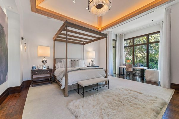 Bedroom, Chandelier, Interior, Recessed Lighting, Wood Texture Flooring