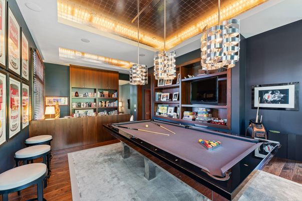 Billiard Table, Game Room, Interior, Pendant Lights, Wood Texture Flooring