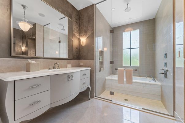 Bathroom, Glass Shower, Interior, Pendant Lights