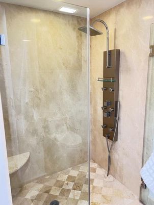 Bathroom, Glass Shower, Interior, Recessed Lighting