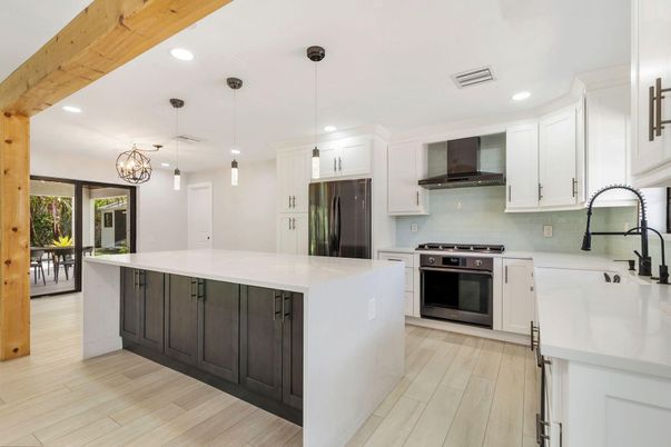 Chandelier, Interior, Kitchen, Pendant Lights, Recessed Lighting, Stainless Steel Appliances, Wooden Beams, Wood Texture Flooring