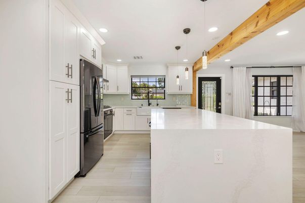 Interior, Kitchen, Pendant Lights, Recessed Lighting, Stainless Steel Appliances, Wooden Beams, Wood Texture Flooring