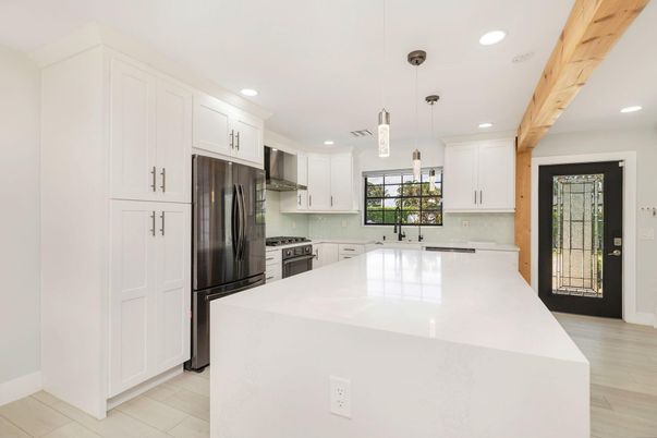 Interior, Kitchen, Pendant Lights, Recessed Lighting, Stainless Steel Appliances, Wooden Beams, Wood Texture Flooring