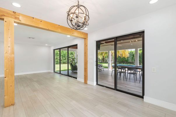 Chandelier, Dining room, Interior, Recessed Lighting, Wooden Beams, Wood Texture Flooring