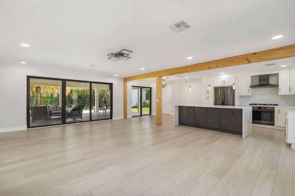 Interior, Kitchen, Pendant Lights, Recessed Lighting, Stainless Steel Appliances, Wooden Beams, Wood Texture Flooring