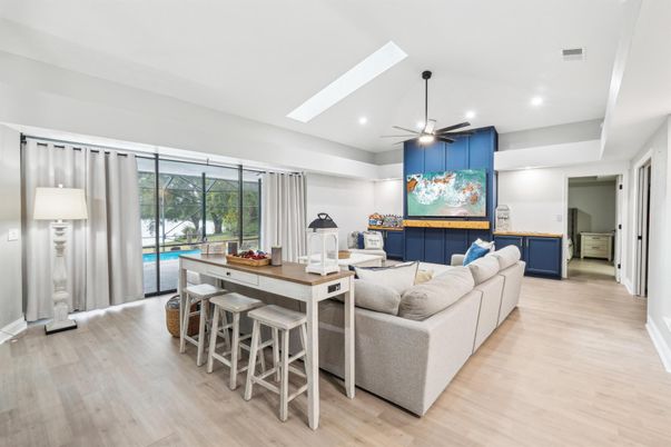 Dining room, Interior, Living room, Recessed Lighting, Wood Texture Flooring