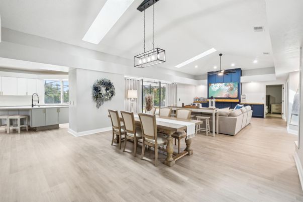Dining room, Interior, Kitchen, Living room, Pendant Lights, Recessed Lighting, Wood Texture Flooring