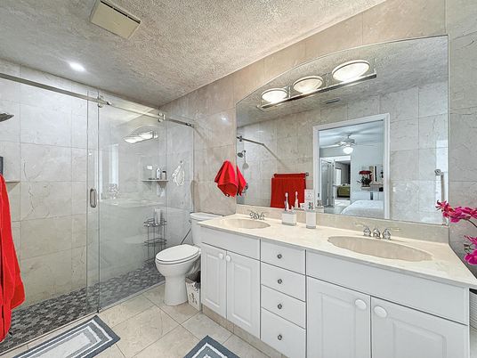 Bathroom, Dual Sink Vanities, Glass Shower, Interior, Recessed Lighting
