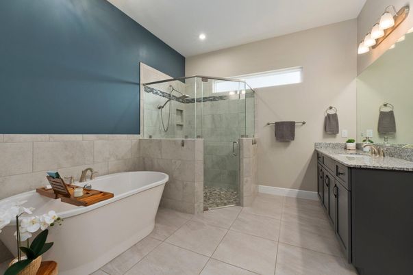 Bathroom, Free Standing Baths, Glass Shower, Interior, Recessed Lighting