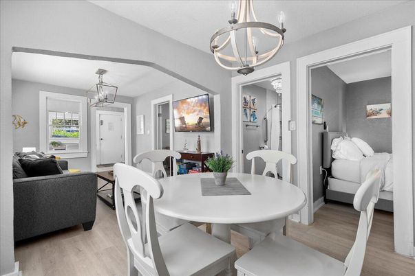 Dining room, Interior, Living room, Pendant Lights, Wood Texture Flooring