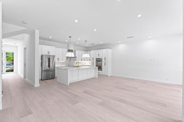 Interior, Kitchen, Pendant Lights, Recessed Lighting, Stainless Steel Appliances, Wood Texture Flooring