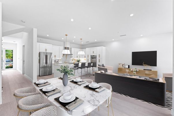 Dining room, Interior, Kitchen, Living room, Pendant Lights, Recessed Lighting, Stainless Steel Appliances, Wood Texture Flooring