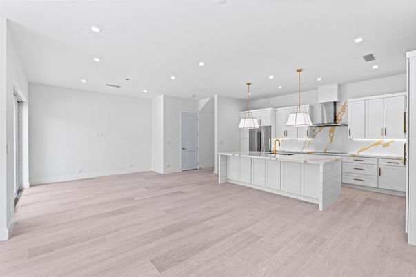 Interior, Kitchen, Pendant Lights, Recessed Lighting, Wood Texture Flooring