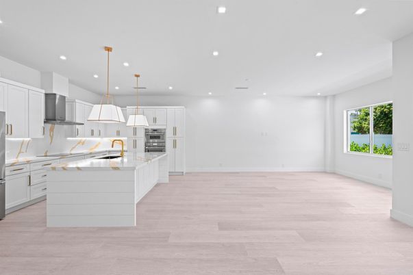 Empty room, Interior, Kitchen, Pendant Lights, Recessed Lighting, Stainless Steel Appliances, Wood Texture Flooring