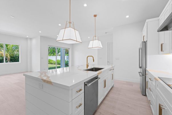 Interior, Kitchen, Pendant Lights, Recessed Lighting, Stainless Steel Appliances, Wood Texture Flooring