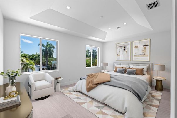 Bedroom, Interior, Recessed Lighting, Wood Texture Flooring