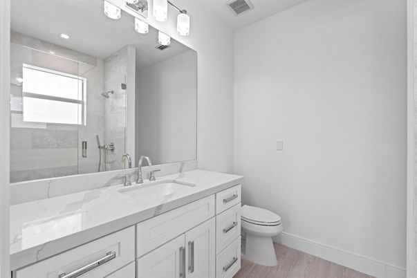 Bathroom, Glass Shower, Interior, Recessed Lighting, Wood Texture Flooring