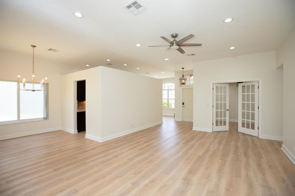 Empty room, Interior, Pendant Lights, Recessed Lighting, Wood Texture Flooring