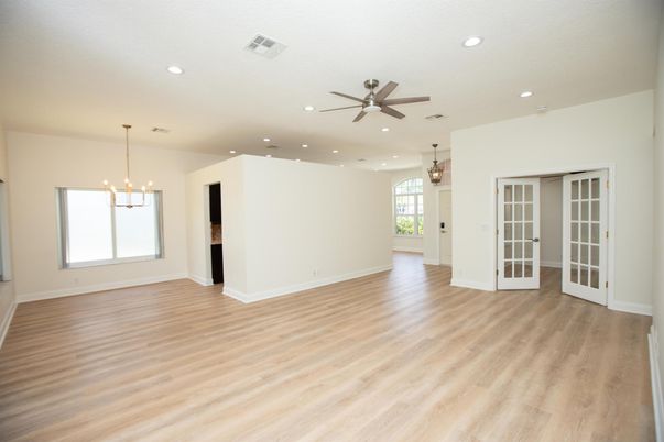 Empty room, Interior, Pendant Lights, Recessed Lighting, Wood Texture Flooring