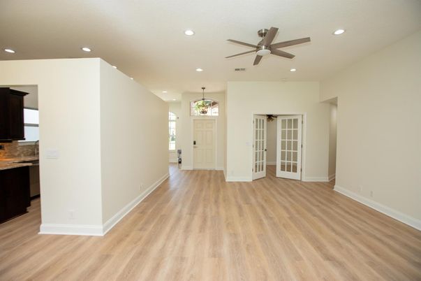 Empty room, Interior, Kitchen, Recessed Lighting, Wood Texture Flooring