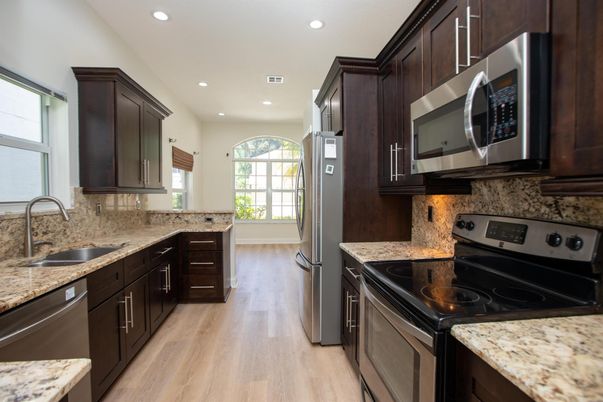Interior, Kitchen, Recessed Lighting, Stainless Steel Appliances, Wood Texture Flooring
