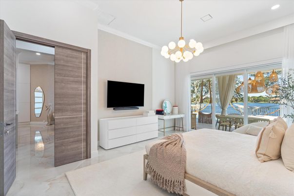 Bedroom, Interior, Marble, Pendant Lights, Recessed Lighting, Water