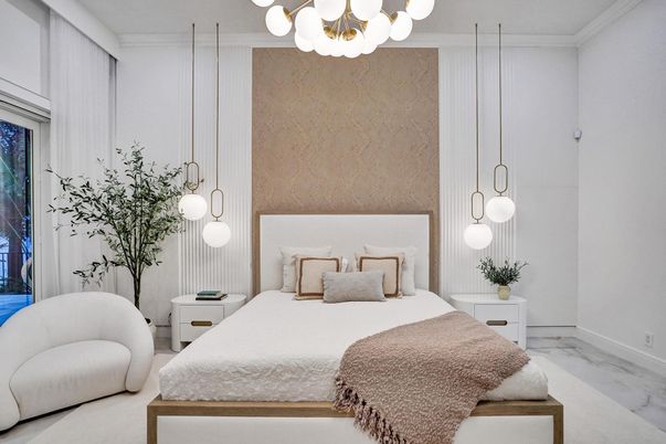 Bedroom, Interior, Marble, Pendant Lights