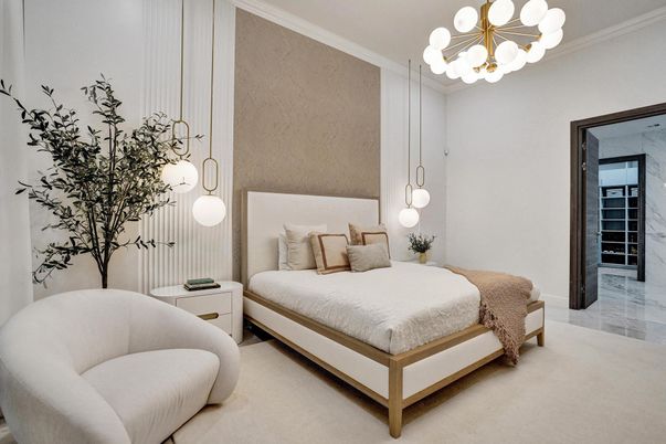 Bedroom, Interior, Marble, Pendant Lights