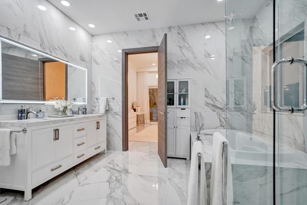 Bathroom, Dual Sink Vanities, Glass Shower, Interior, Marble, Marble Walls, Recessed Lighting