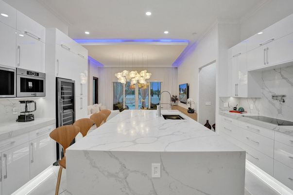 Dining room, Interior, Kitchen, Marble Walls, Pendant Lights, Recessed Lighting