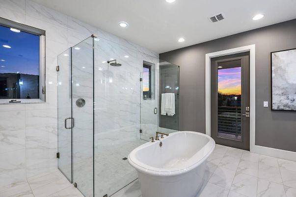 Bathroom, Glass Shower, Interior, Marble, Marble Walls, Recessed Lighting