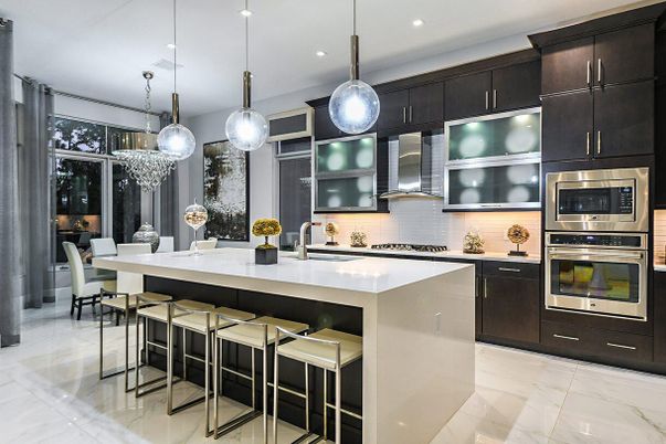 Dining room, Interior, Kitchen, Marble, Pendant Lights, Recessed Lighting, Stainless Steel Appliances