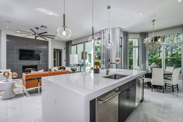 Dining room, Fireplace, Interior, Kitchen, Living room, Marble, Pendant Lights, Recessed Lighting, Stainless Steel Appliances