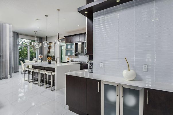 Interior, Kitchen, Marble, Pendant Lights, Recessed Lighting, Stainless Steel Appliances