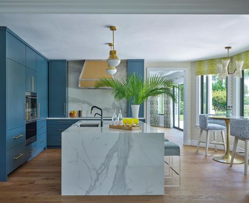 Interior, Kitchen, Marble Walls, Pendant Lights, Wood Texture Flooring