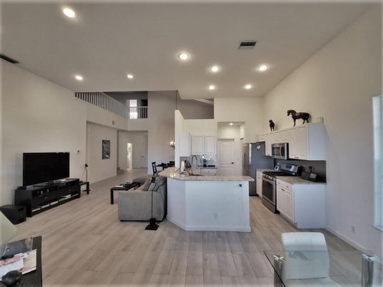 Interior, Kitchen, Living room, Recessed Lighting, Stainless Steel Appliances, Wood Texture Flooring