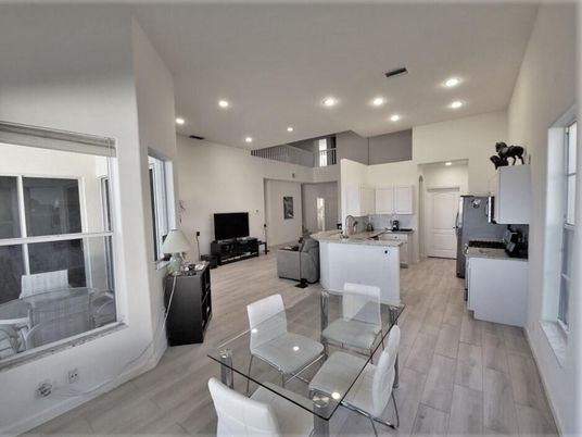 Dining room, Interior, Kitchen, Living room, Recessed Lighting, Wood Texture Flooring