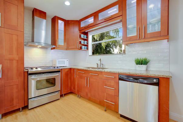 Interior, Kitchen, Recessed Lighting, Stainless Steel Appliances, Wood Texture Flooring