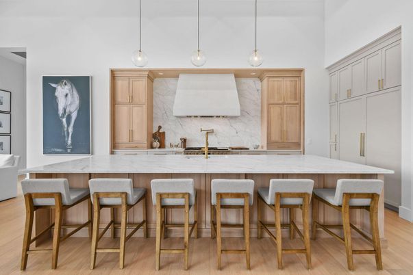 Interior, Kitchen, Marble Walls, Pendant Lights, Wood Texture Flooring