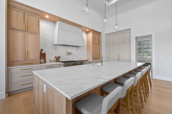 Interior, Kitchen, Marble Walls, Pendant Lights, Recessed Lighting, Wood Texture Flooring