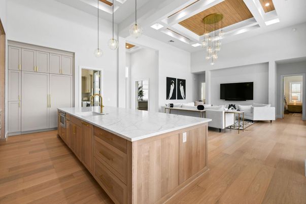 Interior, Kitchen, Living room, Pendant Lights, Recessed Lighting, Wooden Ceilings, Wood Texture Flooring