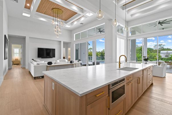 Chandelier, Interior, Kitchen, Living room, Pendant Lights, Recessed Lighting, Wooden Ceilings, Wood Texture Flooring