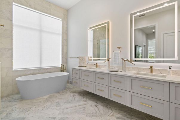 Bathroom, Dual Sink Vanities, Free Standing Baths, Interior, Marble, Marble Walls, Recessed Lighting