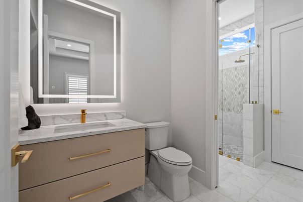 Bathroom, Glass Shower, Interior, Marble, Recessed Lighting