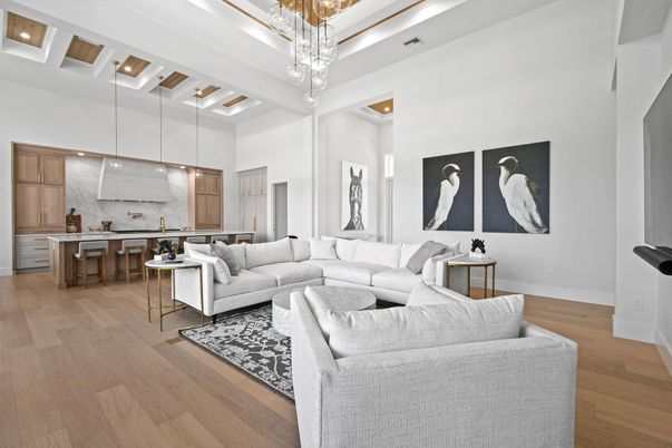 Interior, Kitchen, Living room, Pendant Lights, Recessed Lighting, Wood Texture Flooring